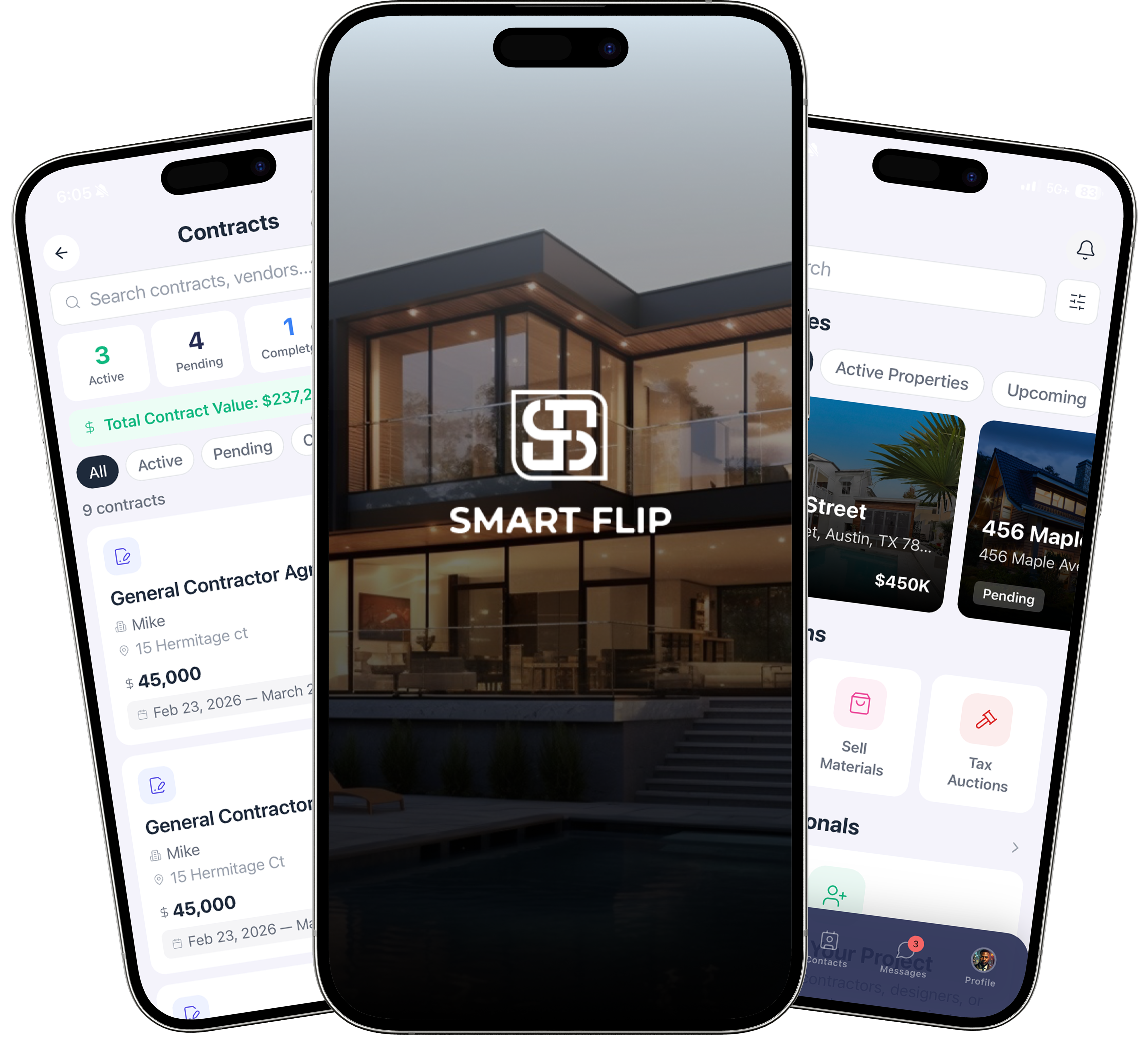 Smart Flip App — Contracts, Home, and Properties screens